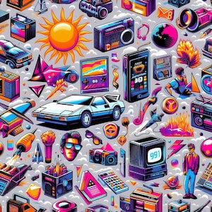 May include: A colorful, retro-themed illustration featuring a variety of 80s and 90s icons, including a futuristic car, a boombox, a cassette tape, a video game console, a cell phone, a calculator, a camera, a television, a sun, and a rocket ship. The illustration is set against a gray background with clouds and other abstract shapes.