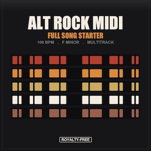 Pode incluir: Gráfico preto com o texto "ALT ROCK MIDI FULL SONG STARTER". O gráfico inclui blocos retangulares coloridos e o texto "108 BPM . F MINOR . MULTITRACK" e "ROYALTY-FREE".