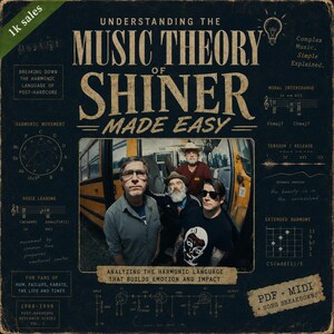 以下が含まれることがあります： 「Understanding the Music Theory of Shiner Made Easy」というタイトルの本の表紙。表紙にはバンドの写真と音楽の図が描かれています。配色は濃い青と茶色で、白い文字が使われています。
