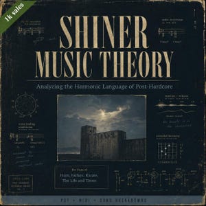 May include: A dark blue book cover with the title "SHINER MUSIC THEORY" and the subtitle "Analyzing the Harmonic Language of Post-Hardcore." The cover includes musical notations, diagrams, and the text "For Fans of Hum, Failure, Karate, The Life and Times."