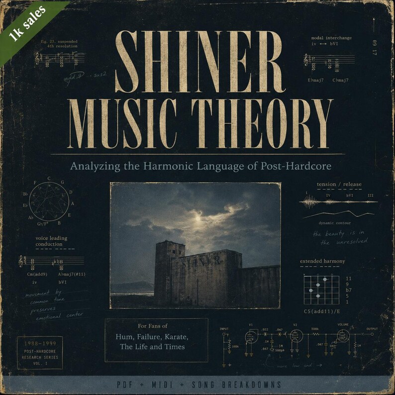 May include: A dark blue book cover with the title "SHINER MUSIC THEORY" and the subtitle "Analyzing the Harmonic Language of Post-Hardcore." The cover includes musical notations, diagrams, and the text "For Fans of Hum, Failure, Karate, The Life and Times."