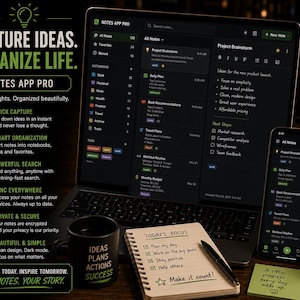 May include: A laptop, smartphone, and notepad display the "Notes App Pro" interface. The app features a dark mode design with options for quick capture, smart organization, and powerful search. A coffee mug with "Ideas, Plans, Actions, Success" is also visible.