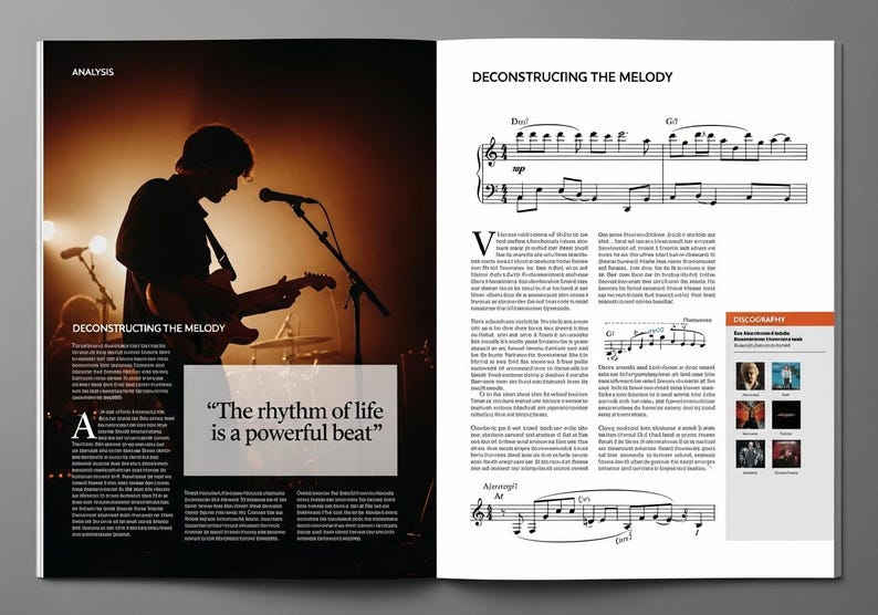 May include: A magazine spread with the headline "Deconstructing the Melody." The left page features a silhouette of a person playing a guitar on stage. Text includes the quote, "The rhythm of life is a powerful beat."