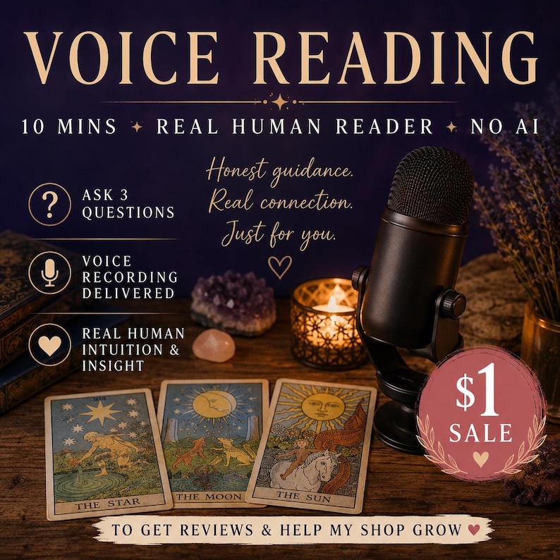 May include: An advertisement for a voice reading service. The image features a microphone, tarot cards, crystals, and a lit candle. Text includes "Voice Reading," "10 Mins," "Real Human Reader," and "Ask 3 Questions." A $1 sale is advertised.