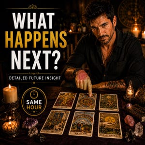 May include: A tarot card reading setup featuring six cards laid out on a dark surface, including The Lovers, Wheel of Fortune, The Star, The Chariot, Ten of Cups, and Ace of Pentacles. Text reads WHAT HAPPENS NEXT? DETAILED FUTURE INSIGHT SAME HOUR.