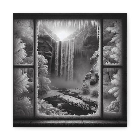 Frozen Window Waterfall: Nature's Serenity on Canvas Gallery Wraps, #PemaVajraDesigns