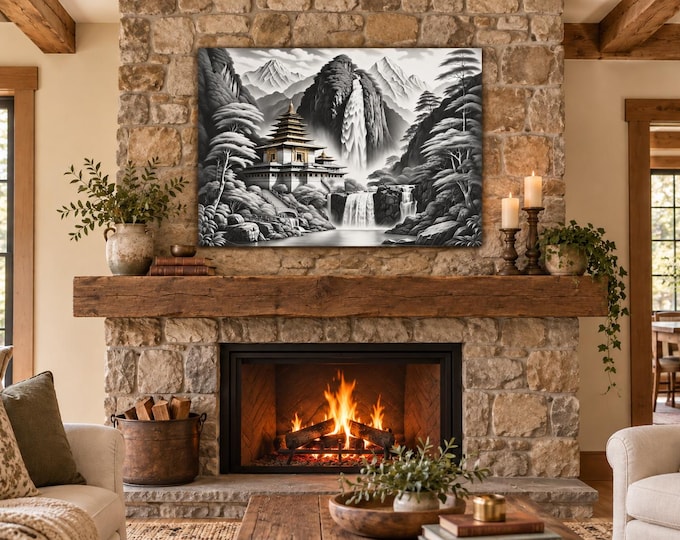 Asian Temple Waterfall Mountain Landscape Aluminum Panel
