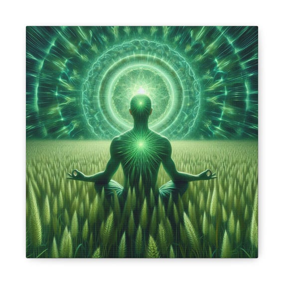 Meditative Glow: Serenity in an Illuminated Grassland Canvas Gallery Wraps, #PemaVajraDesigns