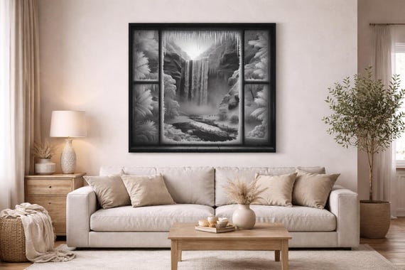 Frozen Window Waterfall: Nature's Serenity on Canvas Gallery Wraps, #PemaVajraDesigns