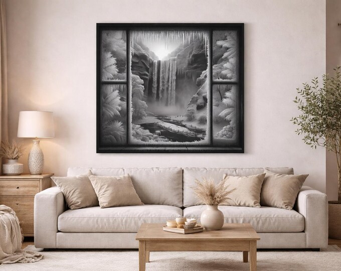 Frozen Window Waterfall: Nature's Serenity on Canvas Gallery Wraps, #PemaVajraDesigns
