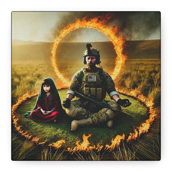 Inner Peace Canvas Art: US Army Gunner, Iraqi Girl Meditation