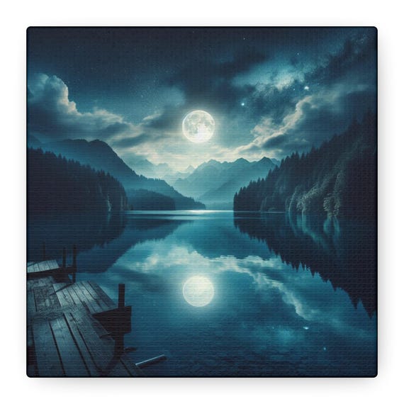 Luminous Stillness: Moonlit Reflection of the Infinite.  Mystical Night Lake Canvas Art for Meditation & Tranquility
