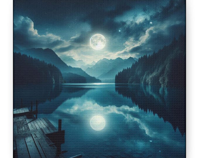 Luminous Stillness: Moonlit Reflection of the Infinite.  Mystical Night Lake Canvas Art for Meditation & Tranquility