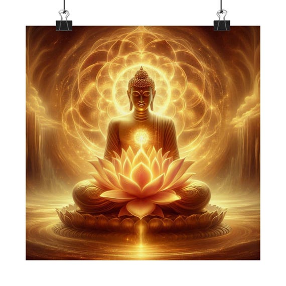 Matte Poster Heart Work:  Golden Light Buddha on Lotus, Radiant Spiritual Awakening