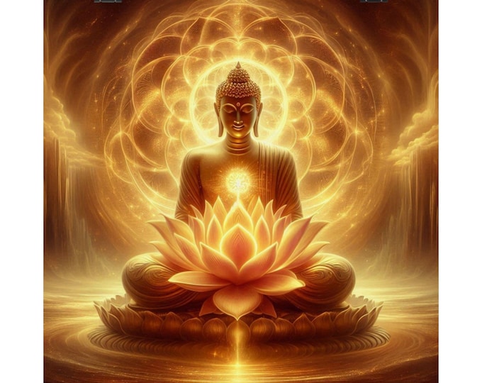 Matte Poster Heart Work:  Golden Light Buddha on Lotus, Radiant Spiritual Awakening