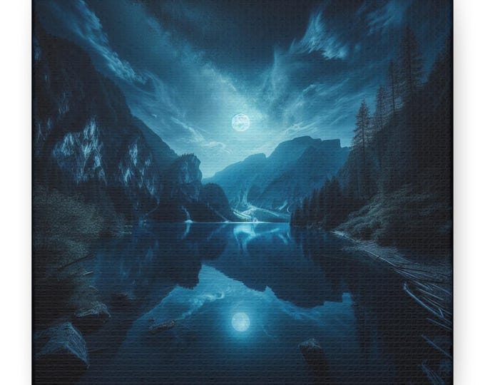Luminous Stillness: Moonlit Reflection of the Infinite.  Mystical Night Lake Canvas Art for Meditation & Tranquility