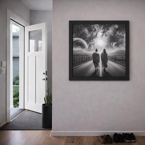 Framed Heart Work:  Buddha and Christ Walking Under the Stars, Cosmic Unity