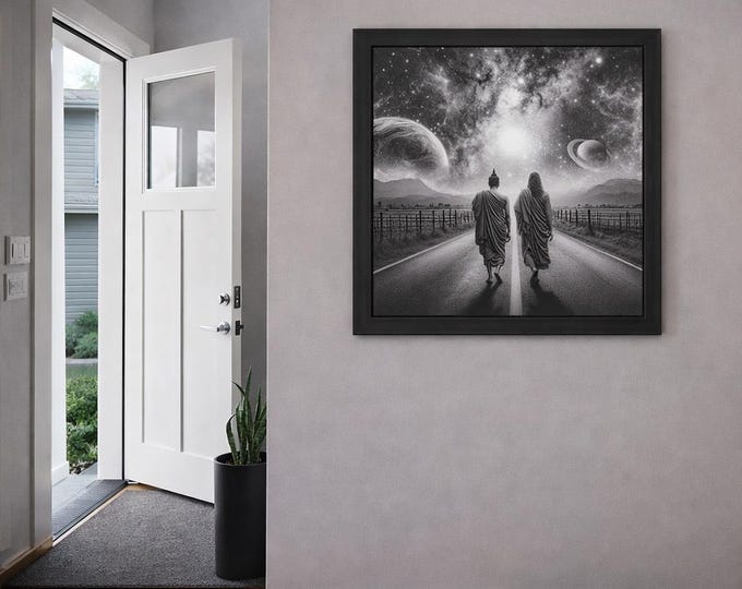 Framed Heart Work:  Buddha and Christ Walking Under the Stars, Cosmic Unity