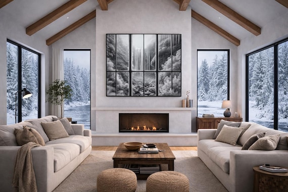 Monochrome Waterfall Landscape Aluminum Wall Art | 9-Panel Scenic Print