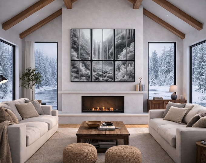 Monochrome Waterfall Landscape Aluminum Wall Art | 9-Panel Scenic Print