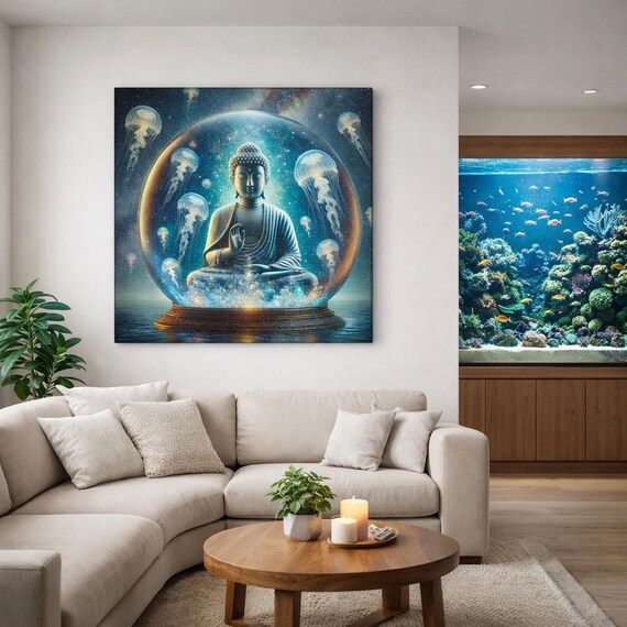 Lotus Sphere Buddha:  Tranquil Canvas Art of a Meditating Buddha in a Sacred Water Orb with Golden Koi, Symbolizing Peace & Enlightenment.