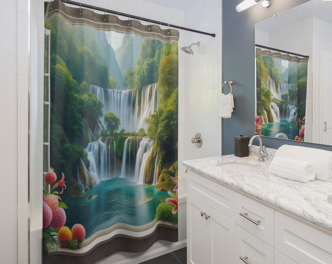 Waterfall Scenery Shower Curtain | Zen Bathroom Decor