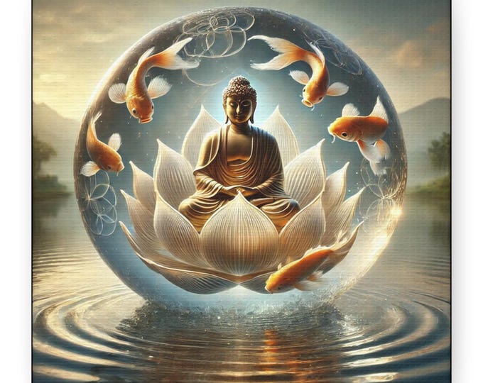 Lotus Sphere Buddha Canvas Art: Golden Koi, Tranquil Meditation Print