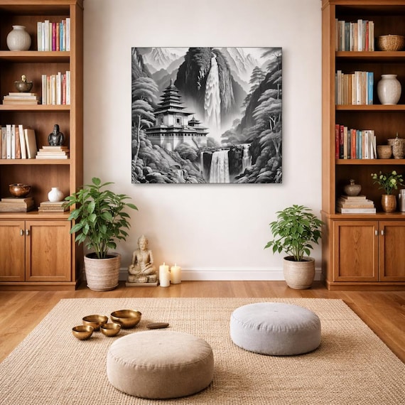 Sanctuary of Still Waters, Monochrome Waterfall Landscape Aluminum Wall Art | 9-Panel Scenic Print