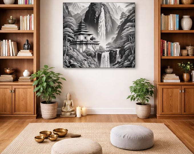 Sanctuary of Still Waters, Monochrome Waterfall Landscape Aluminum Wall Art | 9-Panel Scenic Print