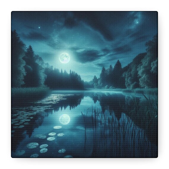 Luminous Stillness: Moonlit Reflection of the Infinite.  Mystical Night Lake Canvas Art for Meditation & Tranquility