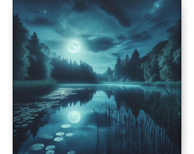 Luminous Stillness: Moonlit Reflection of the Infinite.  Mystical Night Lake Canvas Art for Meditation & Tranquility