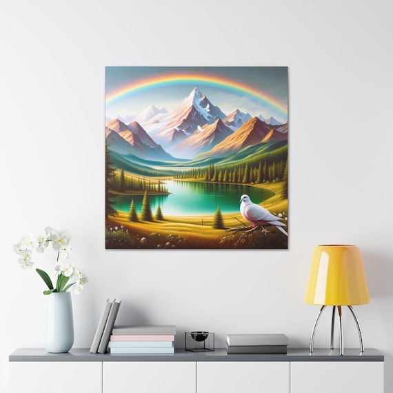 Mountain Lake Canvas Art: Dove, Rainbow, Serene Landscape