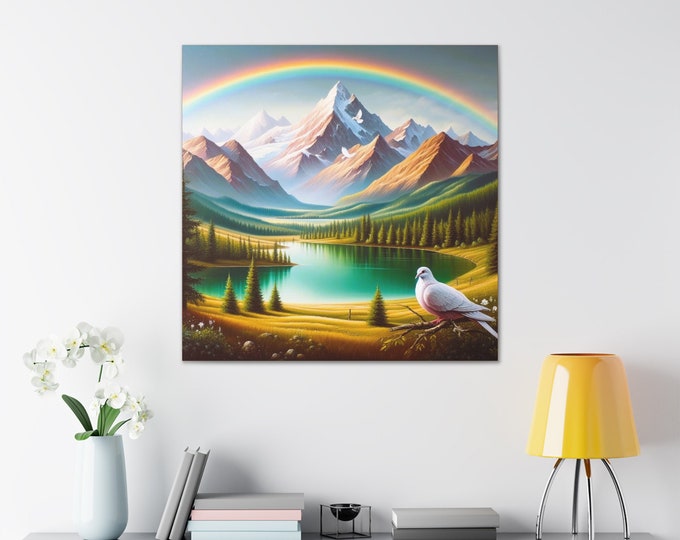 Mountain Lake Canvas Art: Dove, Rainbow, Serene Landscape