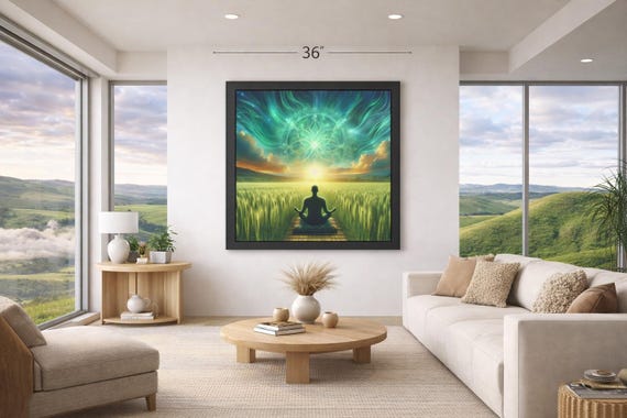 Framed Heart Work:  Meditator in Green Field, Cosmic Natural Mandala