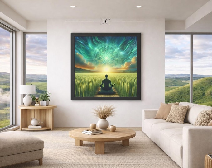 Framed Heart Work:  Meditator in Green Field, Cosmic Natural Mandala