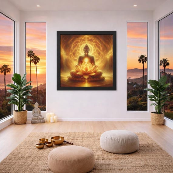 Framed Heart Work:  Golden Light Buddha on Lotus, Radiant Spiritual Awakening