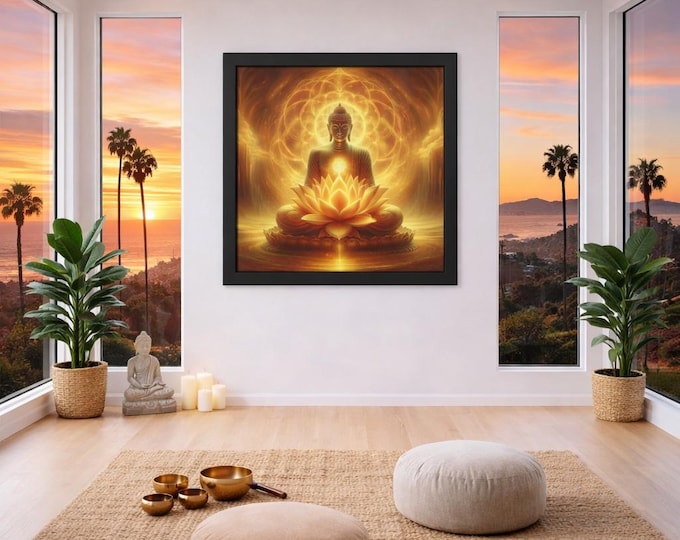 Framed Heart Work:  Golden Light Buddha on Lotus, Radiant Spiritual Awakening