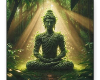 May include: A tranquil depiction of a seated Buddha statue, adorned with green vines and leaves, within a vibrant, sun-drenched forest. The artwork conveys a feeling of serenity and meditation, with beams of light penetrating the trees.