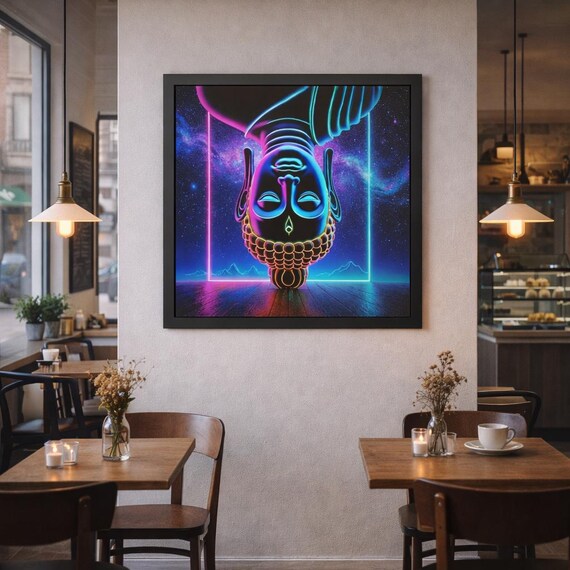 Framed Heart Work: Neon Inverted Buddha, Gravity Turned to Light