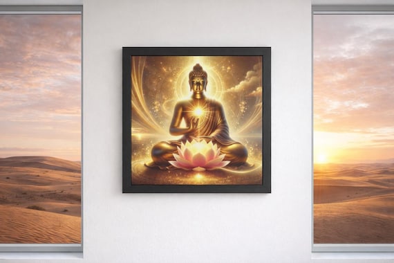 Framed Heart Work:  Radiant Golden Buddha with Lotus Light, Sacred Spiritual Art