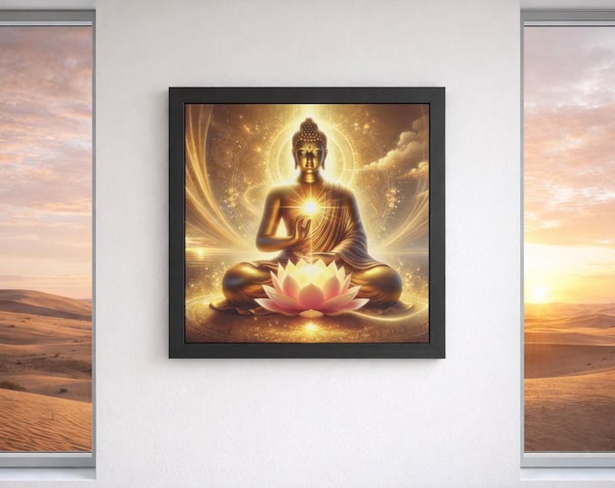 Framed Heart Work:  Radiant Golden Buddha with Lotus Light, Sacred Spiritual Art