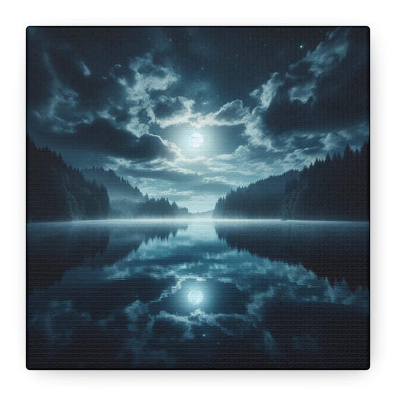 Luminous Stillness: Moonlit Reflection of the Infinite.  Mystical Night Lake Canvas Art for Meditation & Tranquility
