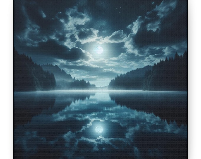 Luminous Stillness: Moonlit Reflection of the Infinite.  Mystical Night Lake Canvas Art for Meditation & Tranquility