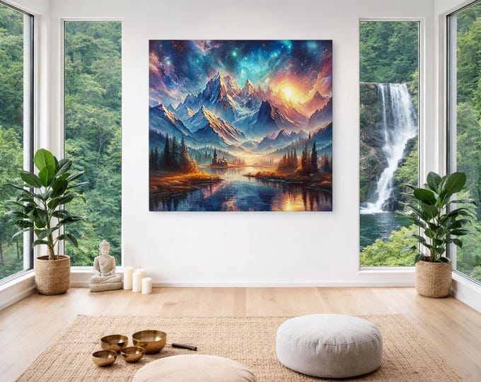 Sanctuary Beneath the Eternal Sky, Monochrome Waterfall Landscape Aluminum Wall Art | 9-Panel Scenic Print