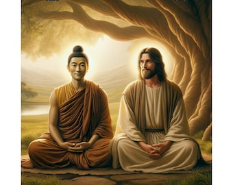 Buddha and Jesus Spiritual Artwork Matte Vertical Poster | Peaceful Vibes, Religious Wall Art