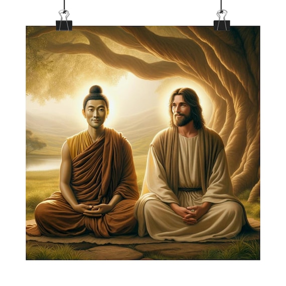 Buddha and Jesus Spiritual Artwork Matte Vertical Poster | Peaceful Vibes, Religious Wall Art