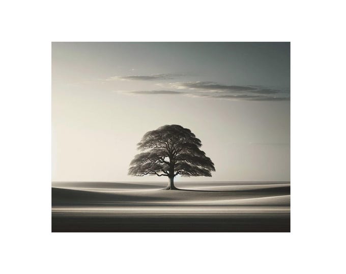 Solitary Tree Landscape Aluminum Composite Panel | Minimal Monochrome Wall Art
