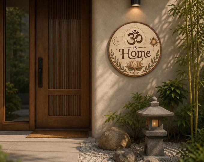 Om is Home wood sign | Round spiritual wall decor, lotus and sun moon design