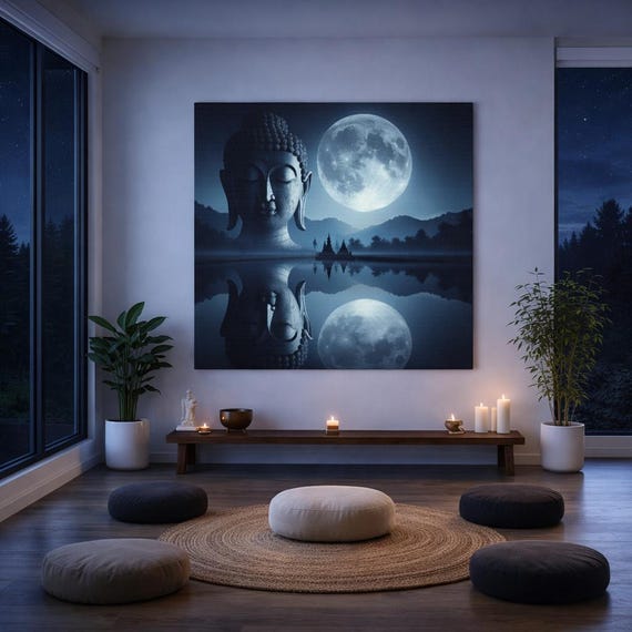 Buddha and Moon Canvas Art: Spiritual Reflection