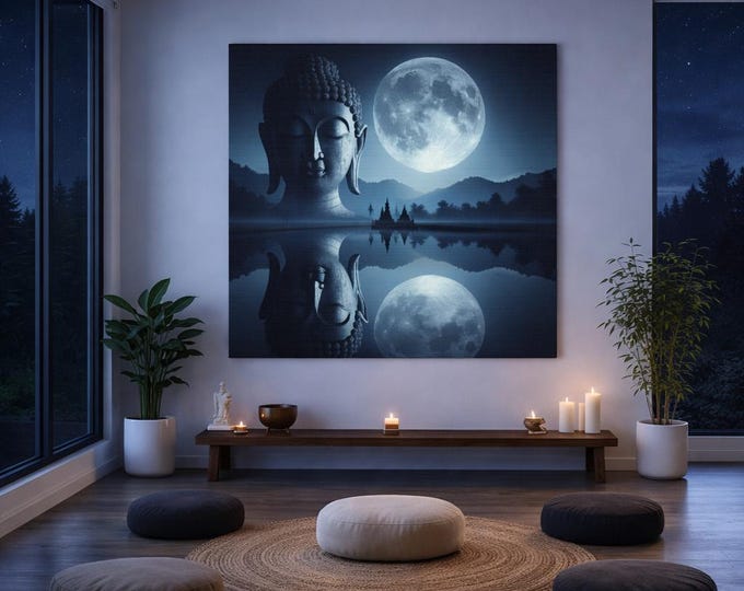 Buddha and Moon Canvas Art: Spiritual Reflection